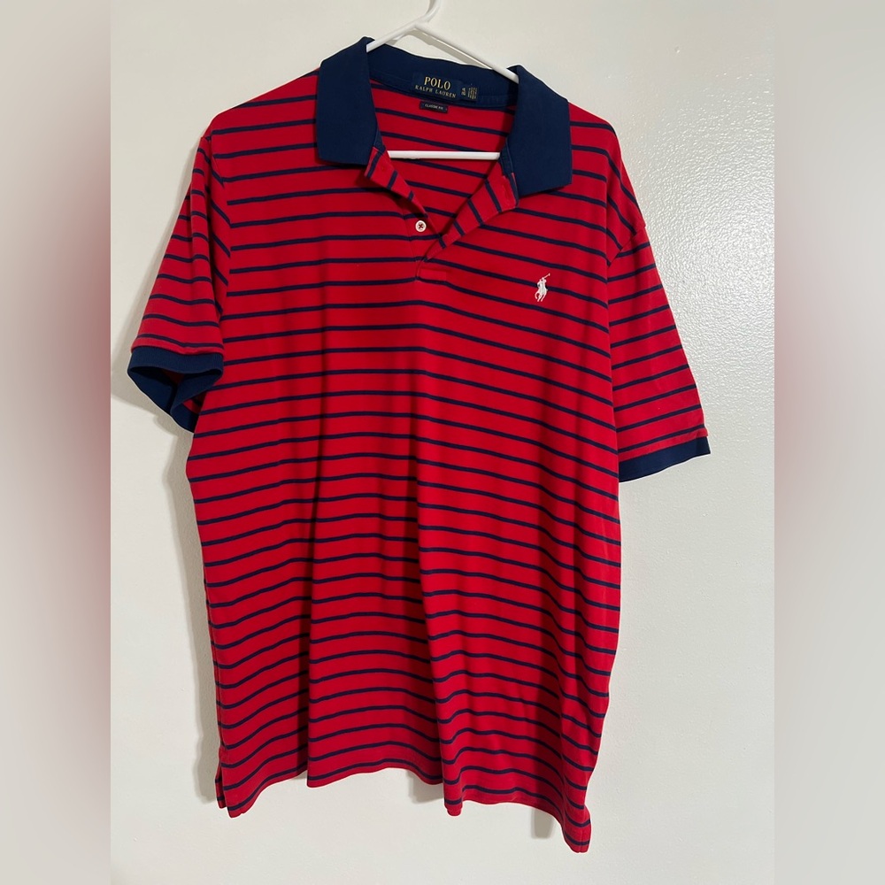 Polo Ralph Lauren Men's XL Red Navy Striped Shirt Dress Casual 100% Cotton